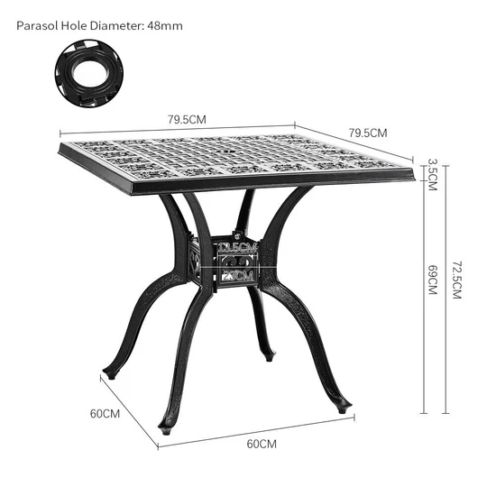 Black Cast Aluminium Outdoor Dining Table – Square Patio Garden Table