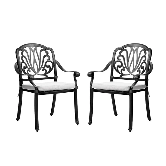 Set of 2 Cast Aluminium Outdoor Dining Chairs with Cushions – Patio Garden Chairs